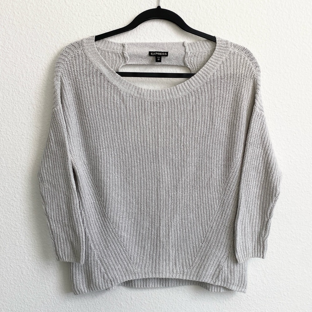 Express Women’s Light Gray Cropped Cutout-Back Hi-Lo Hem 3/4 Sleeve Sweater
